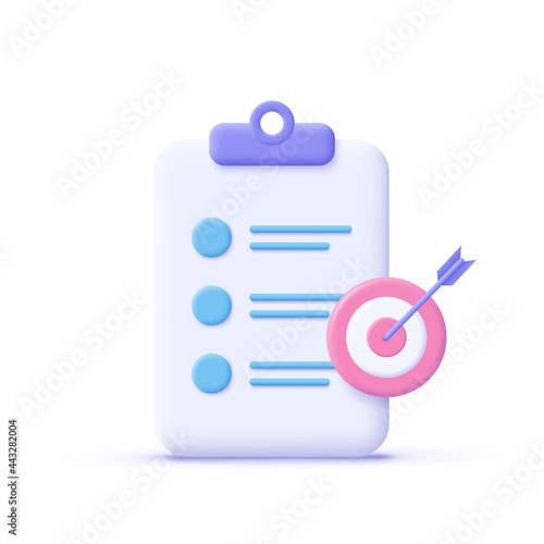 Assignment target icon. Clipboard, checklist symbol. 3d vector illustration.