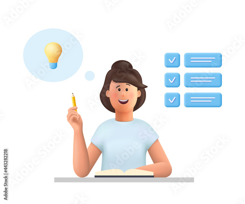 Young woman Jane sitting at table workplace thinking, working on the task. Task, idea concept. 3d vector people character illustration.