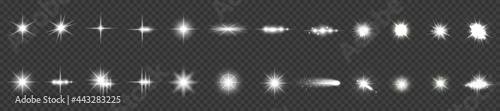 Set of bright beautiful stars. Optical lens glowing flashlight effect. Light effect, bright star, light flare. White sparkles shine light effect on transparent background – for stock