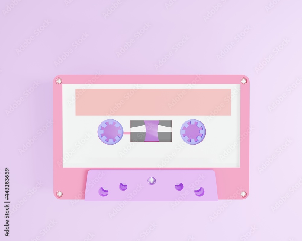 3d rendering vintage pink plastic cassette tape close up, empty music with orange label and isolated on purple background