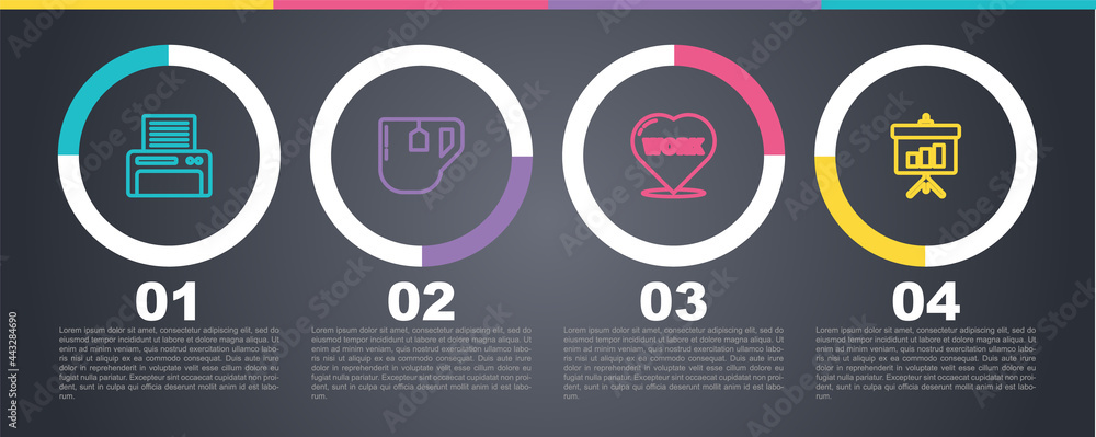 Set line Printer, Cup of tea with tea bag, Heart text work and Chalkboard diagram. Business infographic template. Vector Set line Printer, Cup of tea with tea bag, Heart text work and Chalkboard diagram. Business infographic template. Vector