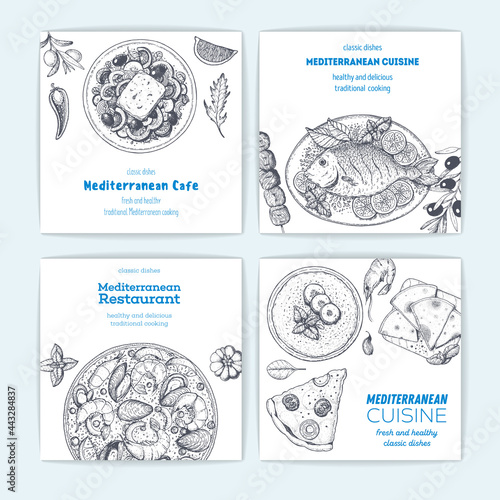 Mediterranean food banner collection. Food menu design template. Vintage hand drawn sketch, vector illustration. Engraved style illustration. Mediterranean cuisine sketch.