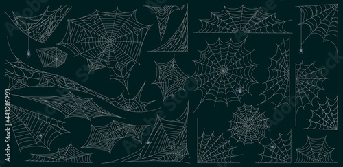 Halloween cobweb. Spider web spooky halloween decoration, scary torn cobweb symbols vector illustration set. Spider web silhouette elements