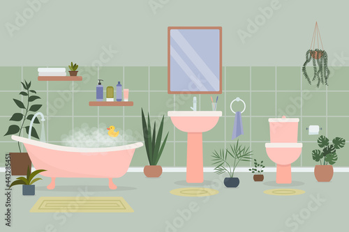Cozy bathroom interior with bath full of foam and bath accessories, and plants growing in pots. Foamy bathtub in cozy room. Flat vector illustration.