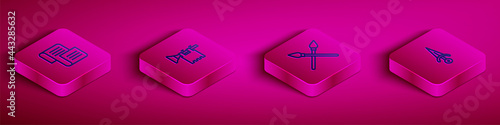 Set Isometric line Decree, parchment, scroll, Trumpet with flag, Crossed medieval spears and Dagger icon. Vector