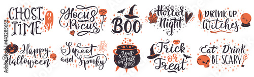 Halloween lettering quotes. Handwritten halloween phrases, put a spell on you and trick or treat vector symbols set. Spooky halloween lettering