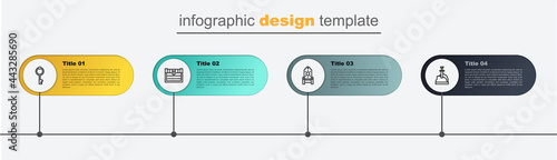 Set line Sword in the stone, Medieval throne, Antique treasure chest and Old key. Business infographic template. Vector