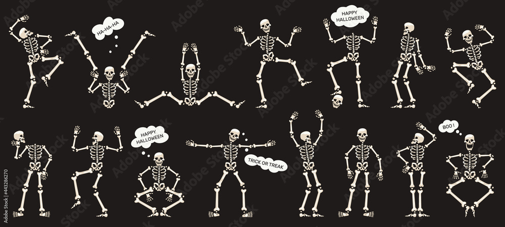Halloween skeletons. Dancing skeletons, spooky halloween party skeleton mascots isolated vector illustration set. Funny skeletons characters - obrazy, fototapety, plakaty 