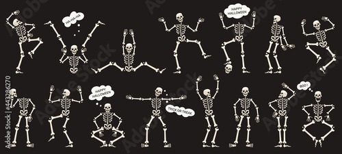 Halloween skeletons. Dancing skeletons, spooky halloween party skeleton mascots isolated vector illustration set. Funny skeletons characters photo