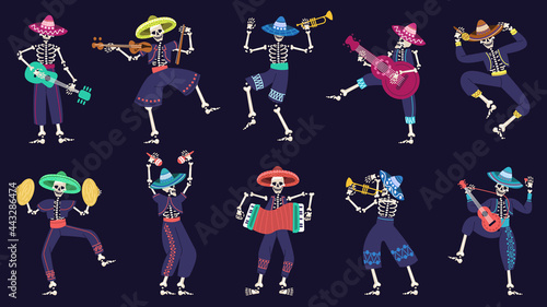 Day of the dead mariachi band. Musical mexican festival skeletons characters vector illustration set. Dia de los muertos mariachi skeleton musicians