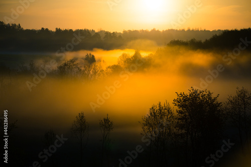 A misty sunrise landscape over the small river valley. Summertime scenery of Northern Europe.