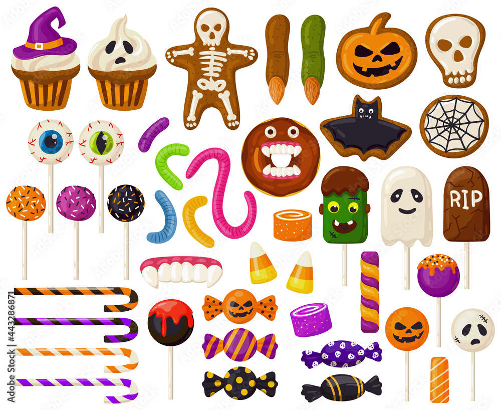Halloween sweets. Cartoon halloween candies, spooky lollipops, cupcakes and scary jelly sweets vector illustration set. Trick or treat halloween sweets