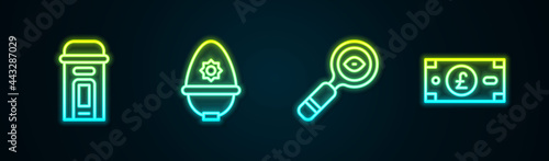 Set line London phone booth, British police helmet, Magnifying glass and Pound sterling money. Glowing neon icon. Vector