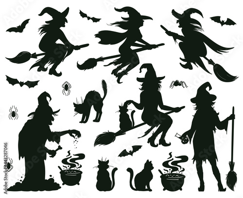 Halloween witch silhouettes. Magic witch ladies with broomstick, hats and bats, scary witches making magic vector illustration set. Female wizards silhouettes