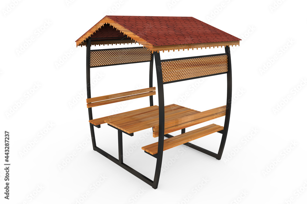 3d realistic a wooden Roofed garden Bench, oval camellia on white background 3d realistic a wooden Roofed garden Bench, oval camellia on white background