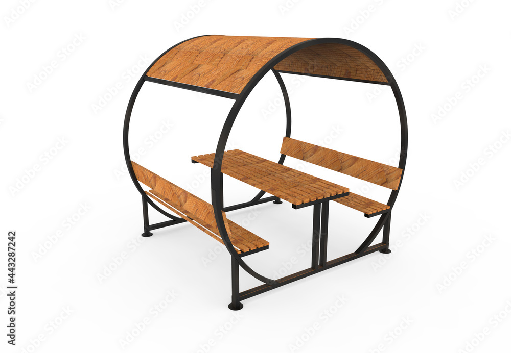 3d realistic a wooden Roofed garden Bench, round camellia on white background 3d realistic a wooden Roofed garden Bench, round camellia on white background