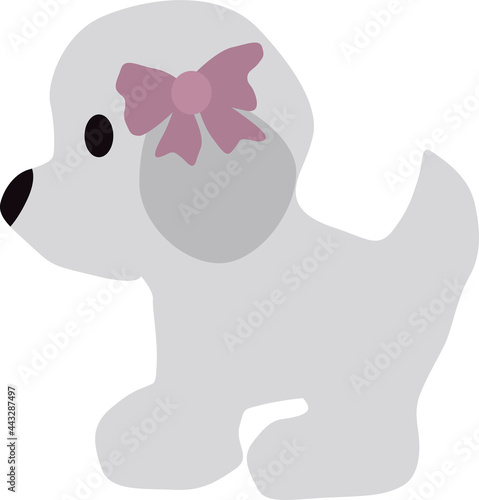 cute light-colored dog with a bow on the ear, vector drawing, isolate on a white background