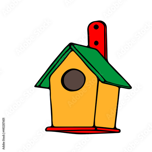 Colored hand drawn outline vector illustration of A birdhouse or squirrel house from new boards is hanging on a tree in the forest isolated on a white background