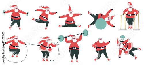 Exercising Santa Claus. Sporty cute Santa character, winter holidays symbol doing fitness exercises vector illustration set. Santa Claus sport activity