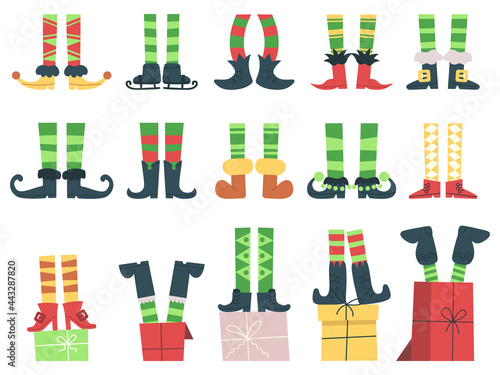 Christmas elves feet. Cute Santa Claus helpers legs in boots and striped socks vector illustration set. Cartoon funny xmas elf feet