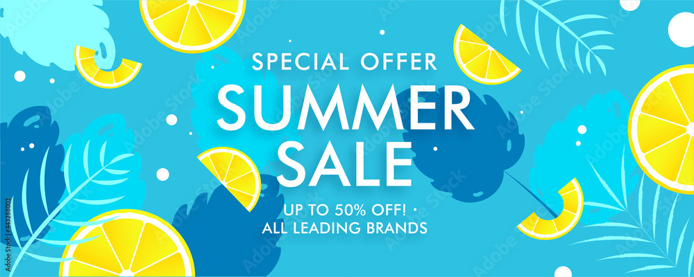 Summer end of season sale banner illustration, Under water background with leaflet and lemon.