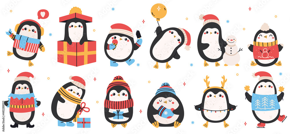 Obraz premium Cute holiday penguins. Christmas hand drawn penguins, xmas holiday winter penguin characters isolated vector illustration set. Funny holidays penguins