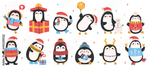 Cute holiday penguins. Christmas hand drawn penguins, xmas holiday winter penguin characters isolated vector illustration set. Funny holidays penguins