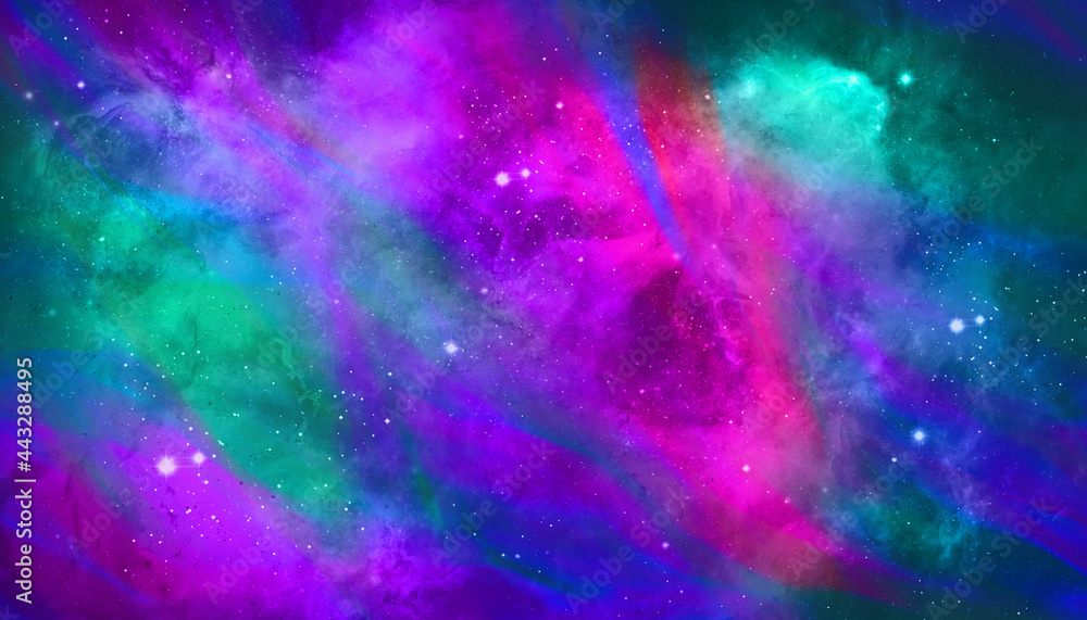 light starry Space with shining stars stardust and blue green pink nebula galaxy with milky way and planet background