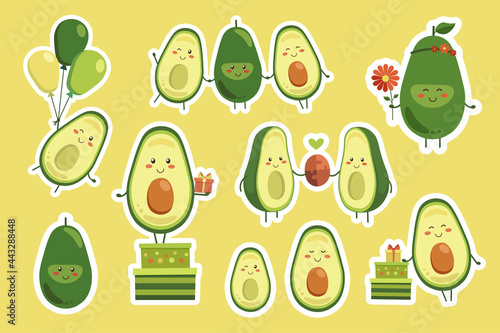 Sticker set of cute smiling avocado characters. Kawaii isolated vector stickers. Sticker avocado bundle. Birthday party celebration summer holidays kids love friends presents balloons flowers