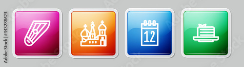 Set line Kankles, Saint Basil's Cathedral, Calendar 12 june and Medovik. Colorful square button. Vector