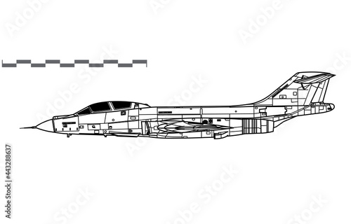 McDonnell F-101B Voodoo. Vector drawing of supersonic interceptor. Side view. Image for illustration and infographics.