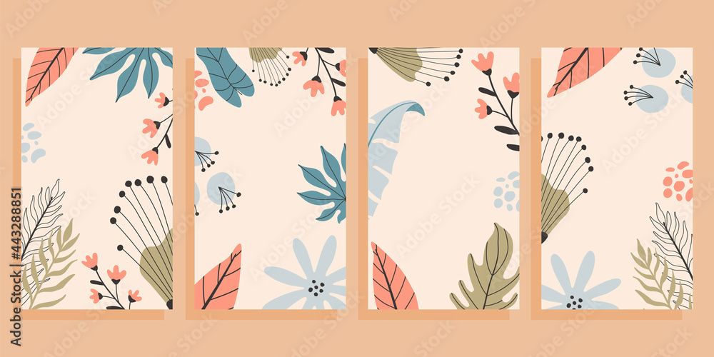 Set of four flyers with empty space for text. Tropical background, hand drawn illustrations.