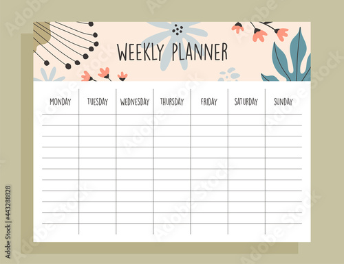 Tropical weekly planner template, with hand drawn illustrations