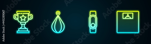 Set line Award cup, Punching bag, Smartwatch and Bathroom scales. Glowing neon icon. Vector