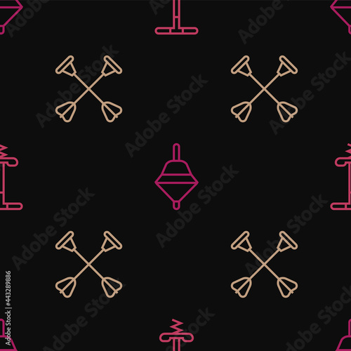 Set line Pogo stick jumping toy, Arrow with sucker tip and Whirligig on seamless pattern. Vector photo