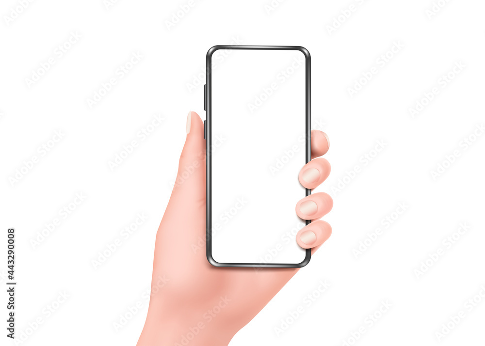 woman hand holding smartphone on a white background And free space on the smartphone,vetor 3d isolated white backgroun for advertising design