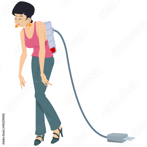Female low energy and needs charging. Tired woman is walking on street. ​​Illustration for internet and mobile website.