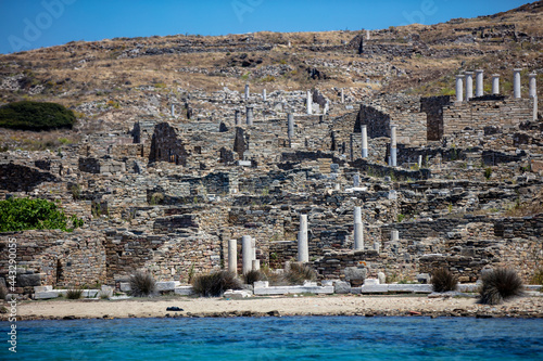 Greece. Delos island ancient civilization ruins at seaside Cyclades