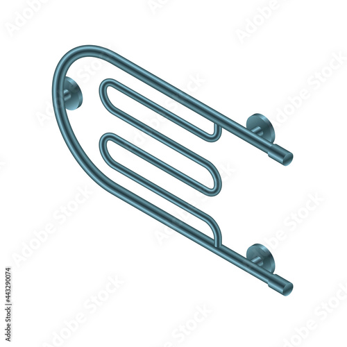 Vector illustration heated towel rail isolated on white background. Realistic metal coil pipe icon in flat cartoon style. Modern iron bathroom central heating radiator. Shiny towel rack for bathroom.