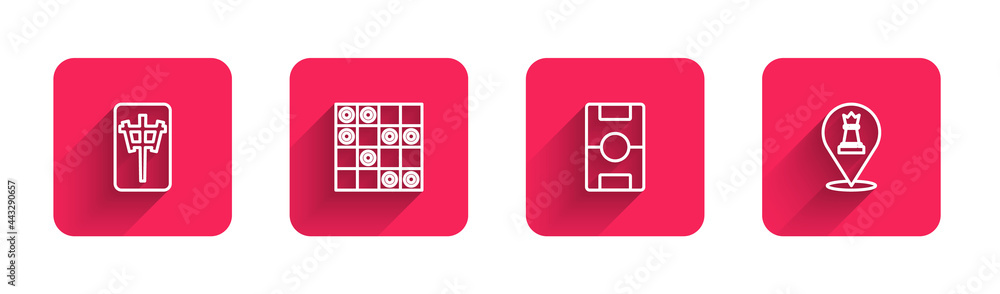 Set line Mahjong pieces, Board game of checkers, Hockey table and Chess with long shadow. Red square button. Vector Set line Mahjong pieces, Board game of checkers, Hockey table and Chess with long shadow. Red square button. Vector