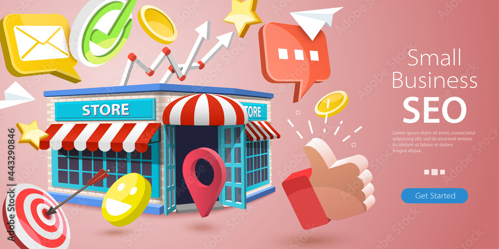 3D Vector Conceptual Illustration of Small Business SEO, Local Store Marketing