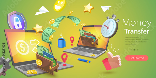 3D Vector Conceptual Illustration of Online Money Transfer, Financial Transaction and Digital Banking