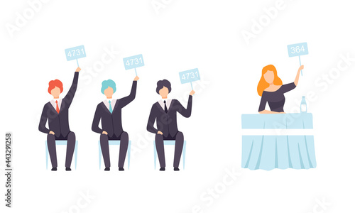 Set of People Bidding in Public Auction, Buyers and Auctioneer Selling and Buying at Auction Flat Vector Illustration