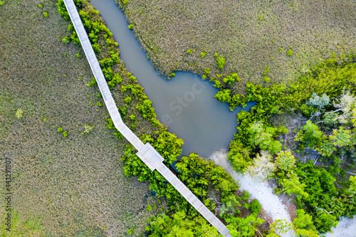Aerial View of Florida Wetlands and Wooden Walkway Over Marsh. photo