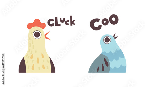 Cute Animals Making Sounds Set, Adorable Hen, Cuckoo Saying Cluck, Coo Cartoon Vector Illustration