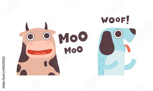 Cute Animals Making Sounds Set, Adorable Cow, Dog Saying Moo, Woof Cartoon Vector Illustration
