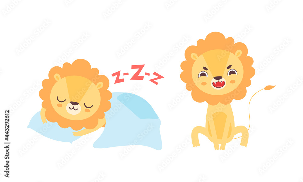 Adorable Lion Character Activities Set, Cute African Animal Sleeping in Bed and Roaring Cartoon Vector Illustration Adorable Lion Character Activities Set, Cute African Animal Sleeping in Bed and Roaring Cartoon Vector Illustration