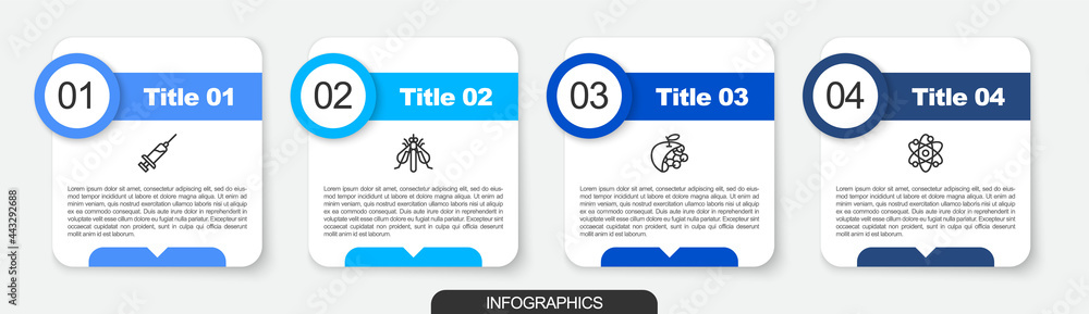 Set line Syringe, Experimental insect, Biological structure and Atom. Business infographic template. Vector