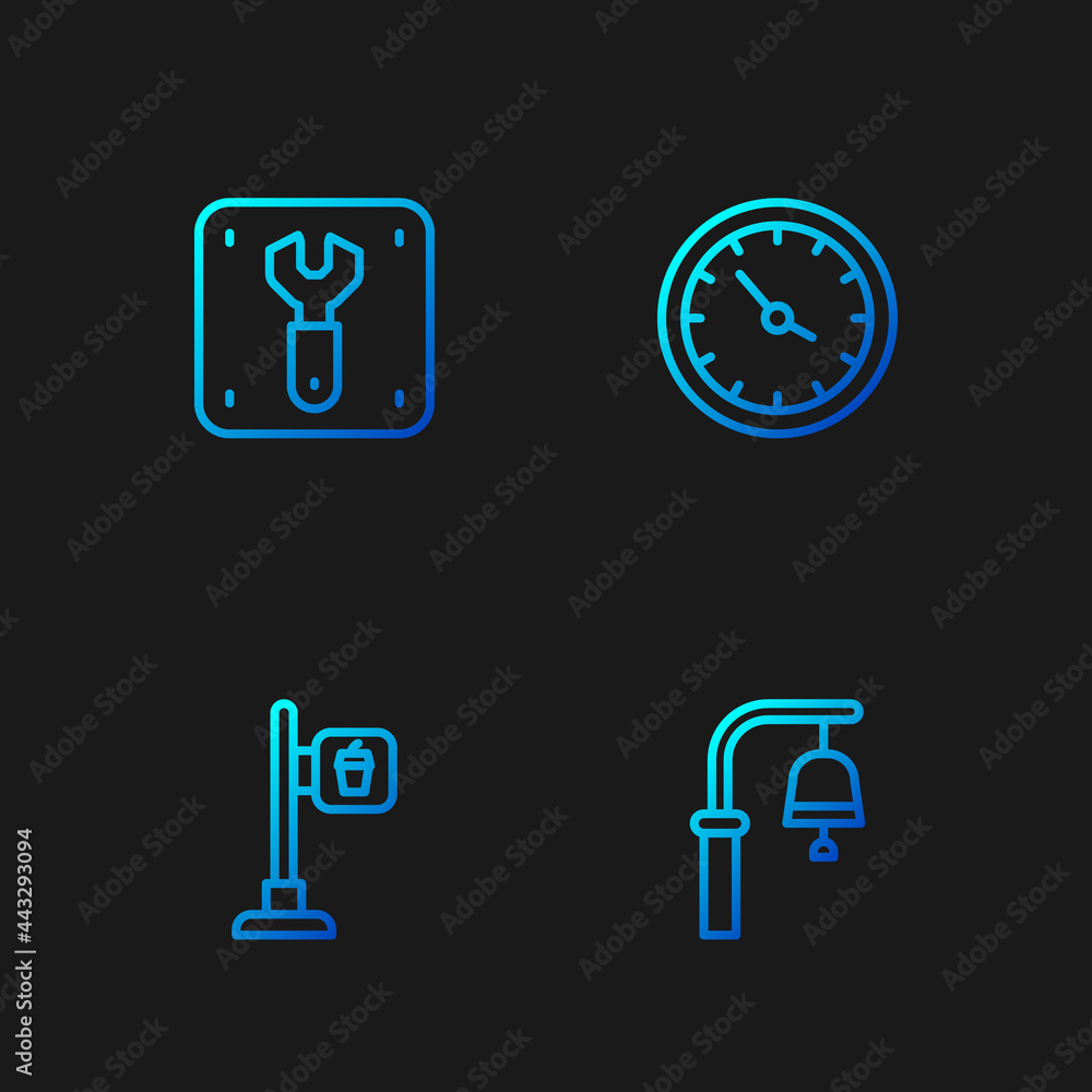Set line Train station bell, Cafe and restaurant location, Repair of railway and clock. Gradient color icons. Vector Set line Train station bell, Cafe and restaurant location, Repair of railway and clock. Gradient color icons. Vector