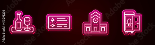 Set line Wine bottle with glass, Road traffic signpost, Railway station and Toilet the train car. Glowing neon icon. Vector